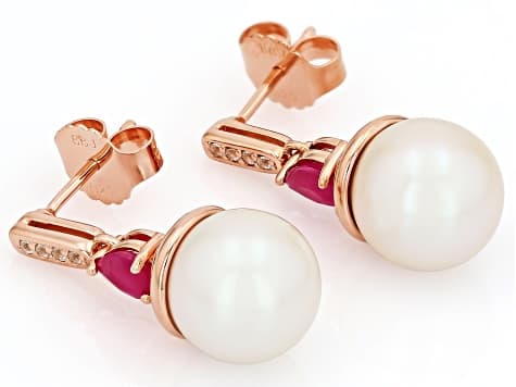 White Cultured Freshwater Pearl With John Saul Ruby & Zircon 18k Rose Gold Over Silver Earrings