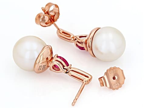 White Cultured Freshwater Pearl With John Saul Ruby & Zircon 18k Rose Gold Over Silver Earrings