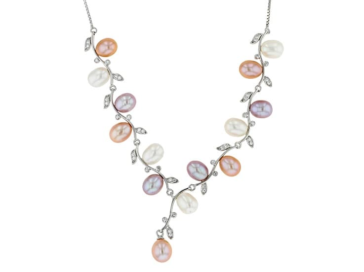 Cultured Freshwater Pearl with Cubic Zirconia Rhodium Over Sterling Silver Necklace