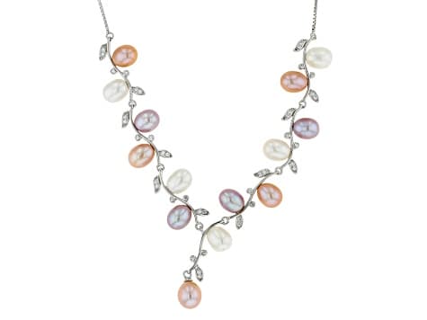 Cultured Freshwater Pearl with Cubic Zirconia Rhodium Over Sterling Silver Necklace