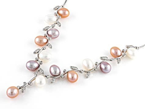 Cultured Freshwater Pearl with Cubic Zirconia Rhodium Over Sterling Silver Necklace
