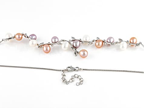 Cultured Freshwater Pearl with Cubic Zirconia Rhodium Over Sterling Silver Necklace
