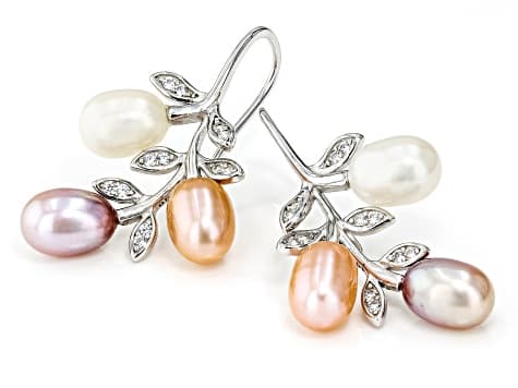 Multi-Color Cultured Freshwater Pearl & Cubic Zirconia Rhodium Over Sterling Silver Earrings