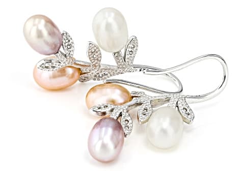 Multi-Color Cultured Freshwater Pearl & Cubic Zirconia Rhodium Over Sterling Silver Earrings