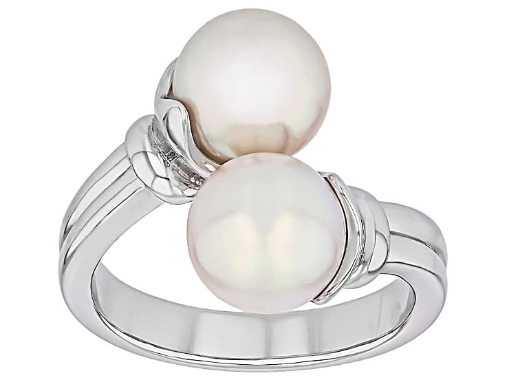 White Cultured Japanese Akoya Pearl Rhodium Over Sterling Silver Bypass Ring