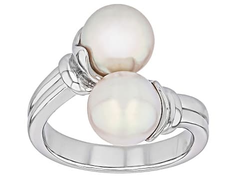 White Cultured Japanese Akoya Pearl Rhodium Over Sterling Silver Bypass Ring