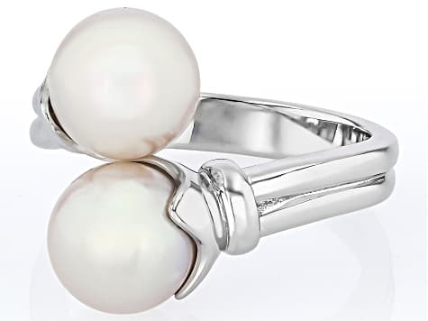 White Cultured Japanese Akoya Pearl Rhodium Over Sterling Silver Bypass Ring