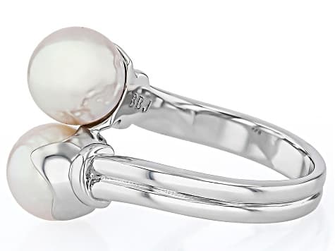 White Cultured Japanese Akoya Pearl Rhodium Over Sterling Silver Bypass Ring