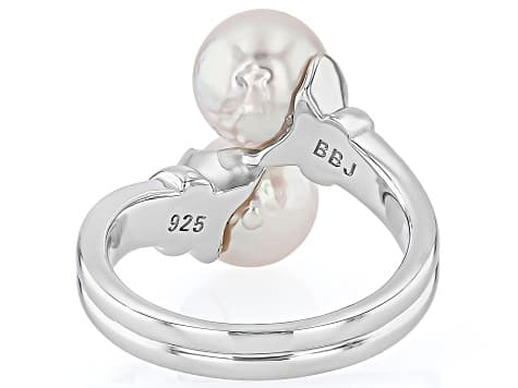 White Cultured Japanese Akoya Pearl Rhodium Over Sterling Silver Bypass Ring