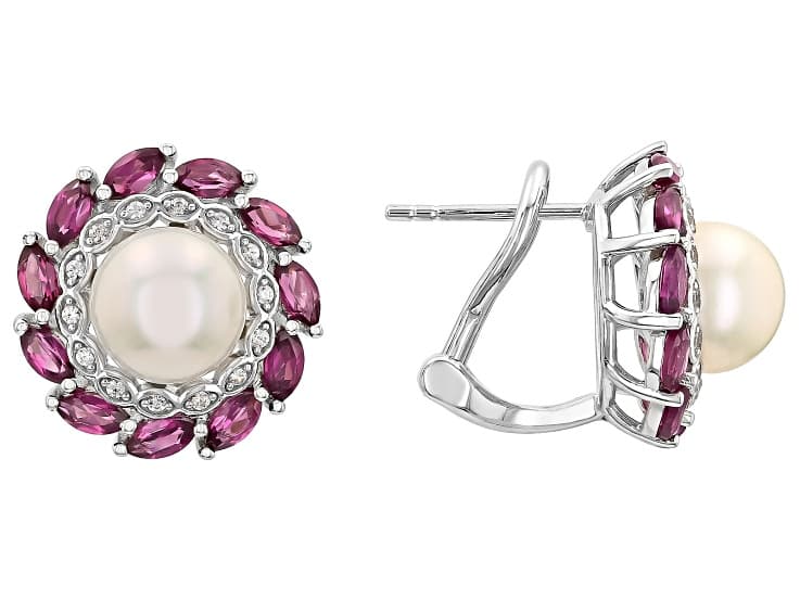 White Cultured Freshwater Pearl, Rhodolite, and Zircon Rhodium Over Sterling Silver Earrings