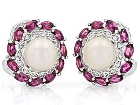 White Cultured Freshwater Pearl, Rhodolite, and Zircon Rhodium Over Sterling Silver Earrings