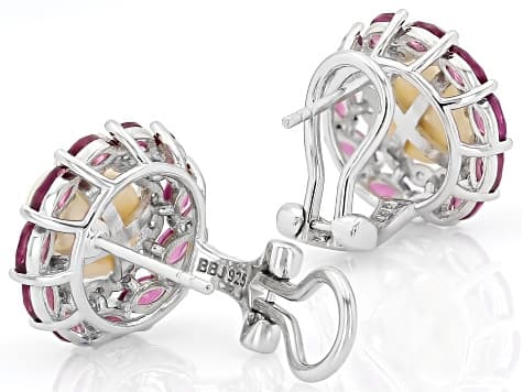 White Cultured Freshwater Pearl, Rhodolite, and Zircon Rhodium Over Sterling Silver Earrings