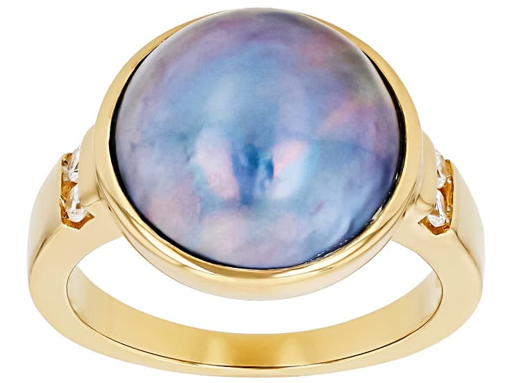 Platinum Cultured South Sea Mabe Pearl and White Zircon 18k Yellow Gold Over Sterling Silver Ring