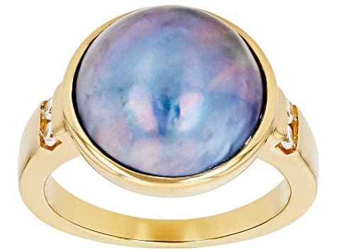 Platinum Cultured South Sea Mabe Pearl and White Zircon 18k Yellow Gold Over Sterling Silver Ring