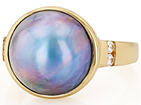 Platinum Cultured South Sea Mabe Pearl and White Zircon 18k Yellow Gold Over Sterling Silver Ring