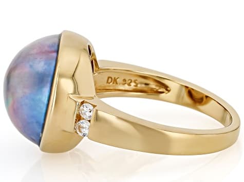 Platinum Cultured South Sea Mabe Pearl and White Zircon 18k Yellow Gold Over Sterling Silver Ring