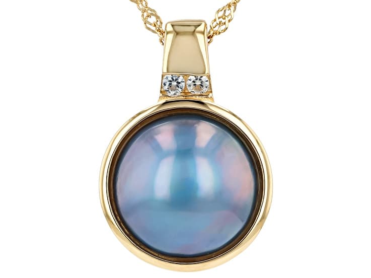 Platinum Cultured South Sea Mabe Pearl & White Zircon 18k Yellow Gold Over Silver Pendant/Chain