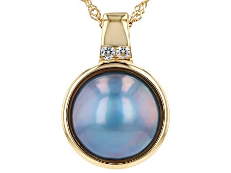 Platinum Cultured South Sea Mabe Pearl & White Zircon 18k Yellow Gold Over Silver Pendant/Chain