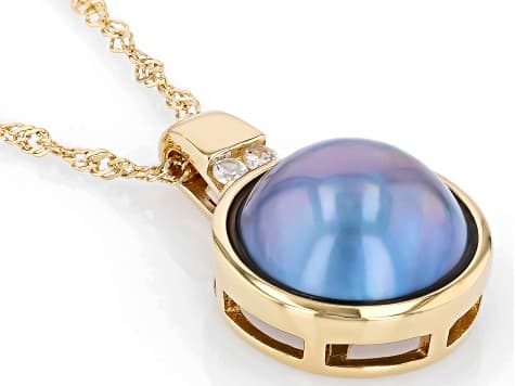 Platinum Cultured South Sea Mabe Pearl & White Zircon 18k Yellow Gold Over Silver Pendant/Chain