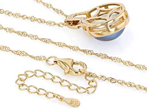 Platinum Cultured South Sea Mabe Pearl & White Zircon 18k Yellow Gold Over Silver Pendant/Chain