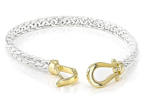 18k Yellow Gold Over Sterling Silver and Sterling Silver Two-Tone Wheat Link Buckle Bracelet