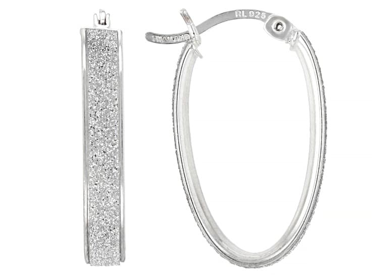 Rhodium Over Sterling Silver 1" Oval Textured Hoop Earrings