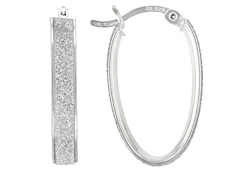 Rhodium Over Sterling Silver 1" Oval Textured Hoop Earrings