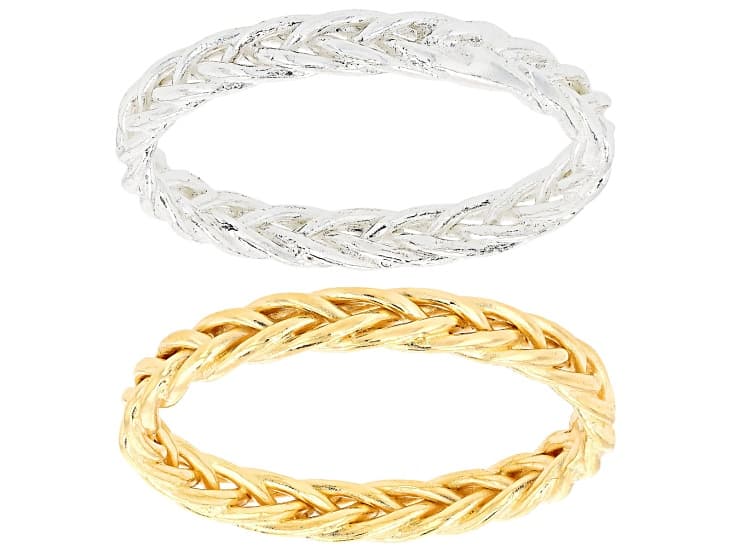 Solid Sterling Silver and 18k Yellow Gold Over Sterling Silver Wheat Link Band Ring Set of 2