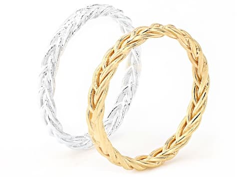 Solid Sterling Silver and 18k Yellow Gold Over Sterling Silver Wheat Link Band Ring Set of 2