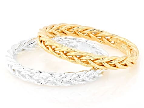 Solid Sterling Silver and 18k Yellow Gold Over Sterling Silver Wheat Link Band Ring Set of 2