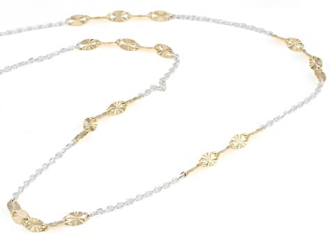 18K Yellow Gold Over 325 Silver Two Tone 3.5mm Sunburst Mirror and Cable Station 20 Inch Necklace