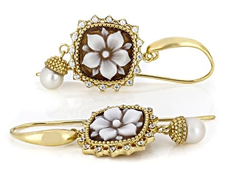 Brown Wildflower Cameo, Cultured Freshwater Pearl and Cubic Zirconia 18k Gold Over Silver Earrings
