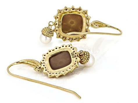 Brown Wildflower Cameo, Cultured Freshwater Pearl and Cubic Zirconia 18k Gold Over Silver Earrings