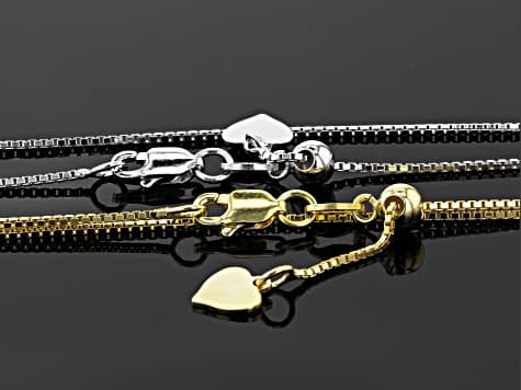 Rhodium & 14k Yellow Gold Over Sterling Silver Box Link Sliding Adjustable Chain Set Of 2