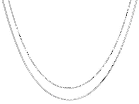 Sterling Silver Round & Square Box Link 24 Inch Adjustable Chain Set Of 2