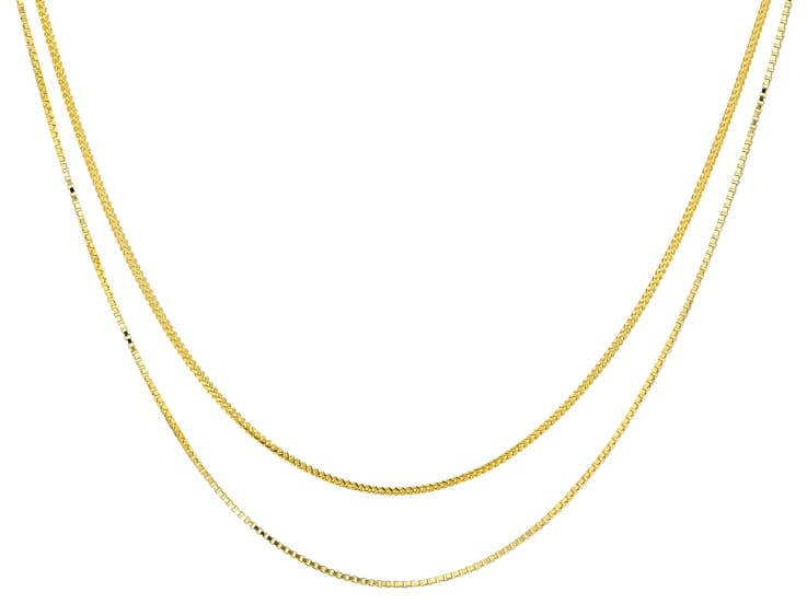 18K YELLOW GOLD OVER 1.5mm SILVER ROUND & SQUARE BOX LINK 24" ADJUSTABLE CHAIN SET OF 2