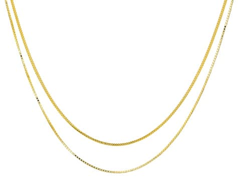 18K YELLOW GOLD OVER 1.5mm SILVER ROUND & SQUARE BOX LINK 24" ADJUSTABLE CHAIN SET OF 2