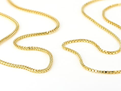 18K YELLOW GOLD OVER 1.5mm SILVER ROUND & SQUARE BOX LINK 24" ADJUSTABLE CHAIN SET OF 2