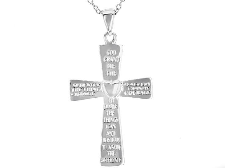 Rhodium Over Sterling Silver Inscribed Cross Pendant With 18 Inch Cable Chain