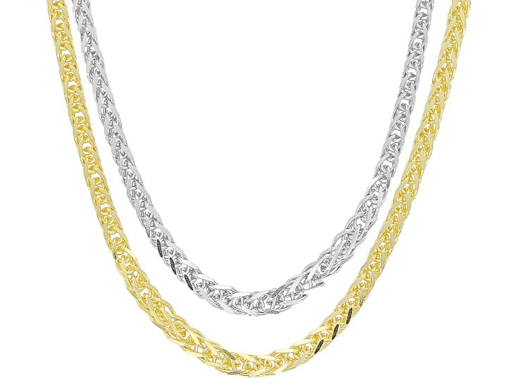 Sterling Silver & 18K Gold Over Sterling Silver 1mm Diamond-Cut Adjustable Wheat 24" Chain Set Of 2