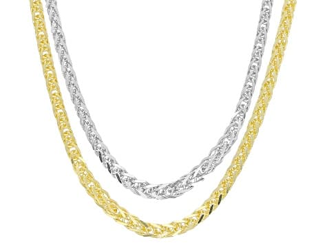 Sterling Silver & 18K Gold Over Sterling Silver 1mm Diamond-Cut Adjustable Wheat 24" Chain Set Of 2