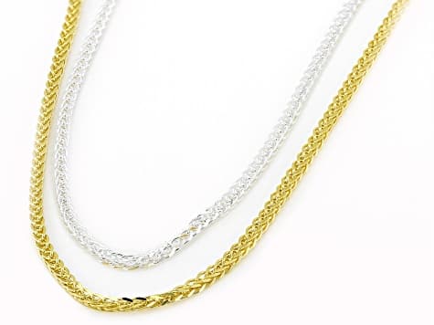 Sterling Silver & 18K Gold Over Sterling Silver 1mm Diamond-Cut Adjustable Wheat 24" Chain Set Of 2