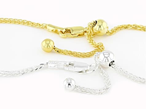 Sterling Silver & 18K Gold Over Sterling Silver 1mm Diamond-Cut Adjustable Wheat 24" Chain Set Of 2