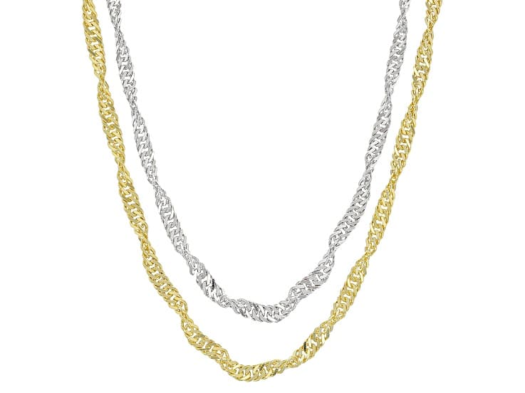 Sterling Silver & 18K Yellow Gold Over Sterling Silver Adjustable 1.5mm Singapore 24" Chain Set Of 2