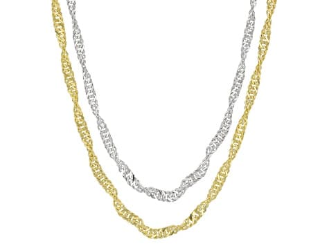 Sterling Silver & 18K Yellow Gold Over Sterling Silver Adjustable 1.5mm Singapore 24" Chain Set Of 2