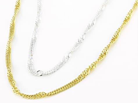 Sterling Silver & 18K Yellow Gold Over Sterling Silver Adjustable 1.5mm Singapore 24" Chain Set Of 2