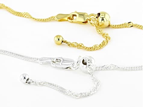 Sterling Silver & 18K Yellow Gold Over Sterling Silver Adjustable 1.5mm Singapore 24" Chain Set Of 2