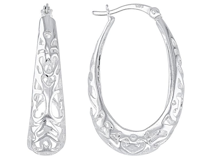 Sterling Silver 1 1/4" Filigree Oval Hoop Earrings