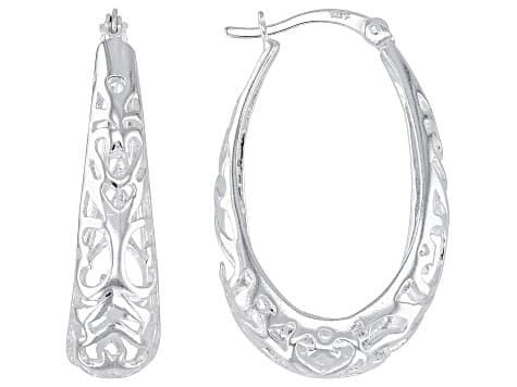 Sterling Silver 1 1/4" Filigree Oval Hoop Earrings