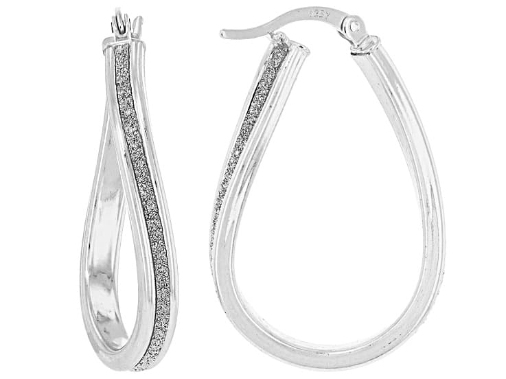 Rhodium Over Sterling Silver Twisted Glitter Hoop Earrings